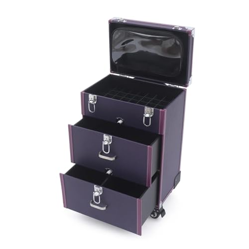 Lila Kosmetikkoffer Trolley, PU-Material Schminkkoffer Professionell Make up Koffer Friseurkoffer mit Rollen 45 Fächer, für Visagisten Hairstylisten Maniküre 36 * 23 * 49cm von Dettchan