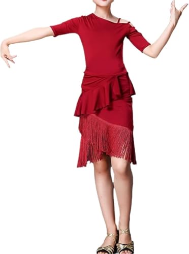 DgtZyrih 2 Stück Mädchen Latin Tanz Kleid Set Tanzrock mit Kurzarm Trikot, Kinder gestufte Fransen Tanzkleidung Übungsrock Ballsaal Performance Kostüm,Rot,160 von DgtZyrih