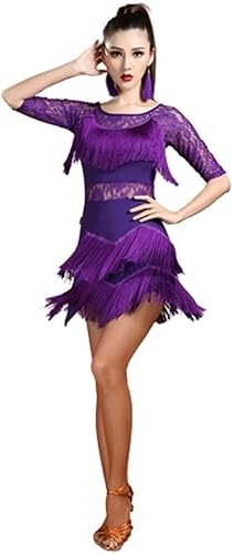 DgtZyrih Damen Fransen Lateinamerikanisches Tanzkleid Ballsaal Party Swing Rock Spitze Salsa Samba Rumba Cha Cha Tanz Kostüm Wettbewerb Tanzbekleidung Bühne Performance Kostüm,Lila,M von DgtZyrih