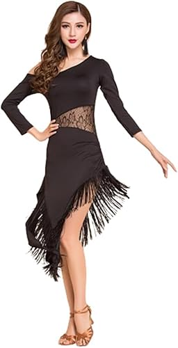 DgtZyrih Damen Fransen Latin Tanzkleid, Spitze Cha Cha Tango Rock Ballsaal Performance Tanzbekleidung Professionelle Bühne Performance Kostüm Party Rave Sexy EIN Rock,Schwarz,XL von DgtZyrih