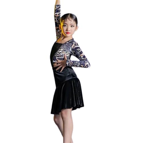 DgtZyrih Kinder Latin Tanz Kleid Langarm Rüschen Mädchen Cha Cha Rumba Samba Tanz Kostüm, Big Swing Tanz Rock Professionelle Wettbewerb Tanzbekleidung Übung Outfit,Schwarz,180 von DgtZyrih