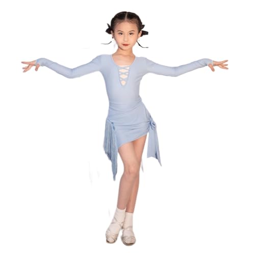 DgtZyrih Kinder Latin Tanz Kleid Mädchen Performance Übung Outfit Hohe Taille Tanz Wettbewerb Kostüm Plissee Rock für Rumba Samba Cha Cha Tango Party Rock,Blau,120 von DgtZyrih