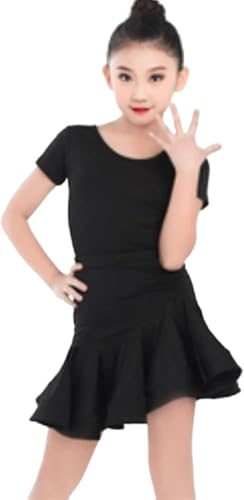 DgtZyrih Kinder Latin Tanz Kleid Rüschen Tanz Übung Kleidung Gesellschaftssaal Salsa Tango Röcke Milch Seide Split Kleid mit Trikot Performance Kostüm Tanzkleidung,Schwarz,140 von DgtZyrih