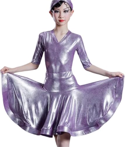 DgtZyrih Kinder Latin Tanzkleid, Mädchen glänzende Kurze Ärmel Tanzkostüm Rüschen V-Ausschnitt großer Swing Rock Ballsaal Salsa Tango Röcke Wettbewerb Tanzkleidung,Lila,130 von DgtZyrih