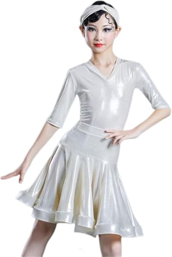 DgtZyrih Kinder Latin Tanzkleid, Mädchen glänzende Kurze Ärmel Tanzkostüm Rüschen V-Ausschnitt großer Swing Rock Ballsaal Salsa Tango Röcke Wettbewerb Tanzkleidung,Weiß,120 von DgtZyrih