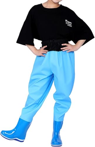 DgtZyrih Kinder Taille Wathosen mit Stiefeln, Elastische Taille Brust Wathosen für Jungen und Mädchen, wasserdichte PVC/Nylon Angelhose rutschfeste Regenschuhe für Sand Wassersport Garten,Blau,36 von DgtZyrih