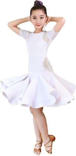 DgtZyrih Lateinamerikanisches Tanzkleid für Mädchen, Bühnenkostüm mit ausgestelltem Saum und Rüschen, Übungsrock, atmungsaktive Tanzbekleidung für Kinder, Ballett-Jazz-Übungskleidung,Weiß,120 von DgtZyrih