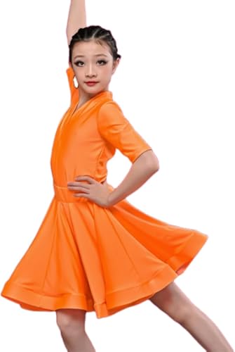 DgtZyrih Lateinamerikanisches Tanzkleid für Mädchen, Rüschenrock mit kurzen Ärmeln Trikot, Bequeme Tanzbekleidung für Gesellschaftstanz, Salsa, Tango, Tanzauftritt Kostüm Trainingsrock,Orange,150 von DgtZyrih