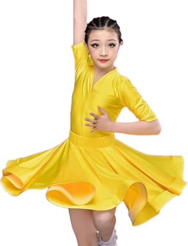 DgtZyrih Lateinamerikanisches Tanzkleid für Mädchen, Rüschenrock mit kurzen Ärmeln Trikot, Bequeme Tanzbekleidung für Gesellschaftstanz, Salsa, Tango, Tanzauftritt Kostüm Trainingsrock,Gelb,160 von DgtZyrih