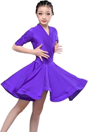 DgtZyrih Lateinamerikanisches Tanzkleid für Mädchen, Rüschenrock mit kurzen Ärmeln Trikot, Bequeme Tanzbekleidung für Gesellschaftstanz, Salsa, Tango, Tanzauftritt Kostüm Trainingsrock,Lila,170 von DgtZyrih