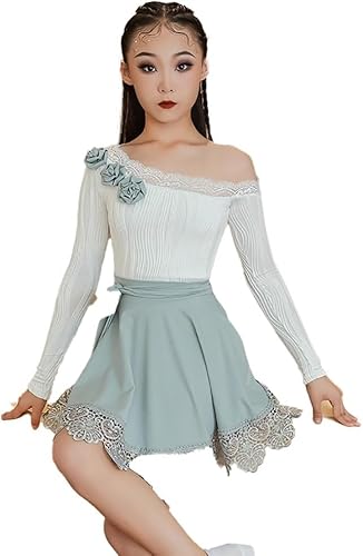 DgtZyrih Lateinamerikanisches Tanzkleid für Mädchen, Spitzenausschnitt, schulterfreie, rückenfreie Tanzbekleidung, Bühnenkostüm mit elastischer Taille, Ballsaal-Salsa-Tango-Rock,Blau,160 von DgtZyrih