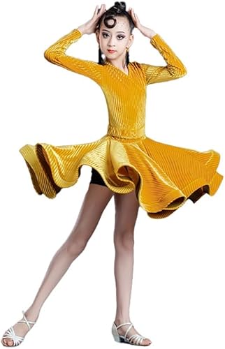 DgtZyrih Lateinamerikanisches Tanzkleid für Mädchen, langärmlige Tanzbekleidung mit V-Ausschnitt, gestreifter Rüschenrock, Salsa-Tango-Tanz-Übungskleidung, Bühnenkostüm,Gelb,120 von DgtZyrih