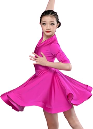 DgtZyrih Lateinamerikanisches Tanzkleid für Mädchen Mittelarm Ballsaal Rumba Samba Kleid Röcke Kinder Wettbewerb Tanzbekleidung Big Swing Performance Kostüm für Tanzschule Shows,Rose red,110 von DgtZyrih