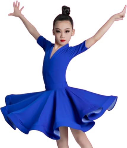 DgtZyrih Lateinamerikanisches Tanzkleid für Mädchen Mittelarm Ballsaal Rumba Samba Kleid Röcke Kinder Wettbewerb Tanzbekleidung Big Swing Performance Kostüm für Tanzschule Shows,Royal Blue,170 von DgtZyrih