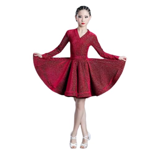 DgtZyrih Mädchen Big Swing Tanzkleid Kinder Langarm Latin Tanzkostüm für den Wettbewerb, V-Ausschnitt Ballroom Salsa Tango Röcke Kinder Tanzbekleidung Performance Kleidung,Rot,180 von DgtZyrih