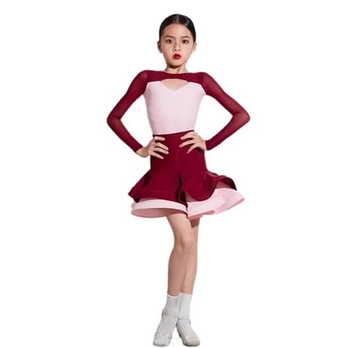 DgtZyrih Mädchen Lange Ärmel Standard Latin Tanz Kleid, Kinder Tanz Gesellschaftstanz Big Swing Rock für Salsa Tango, Professionelles Tanzen Kostüm Übung Rock,Rot,130 von DgtZyrih