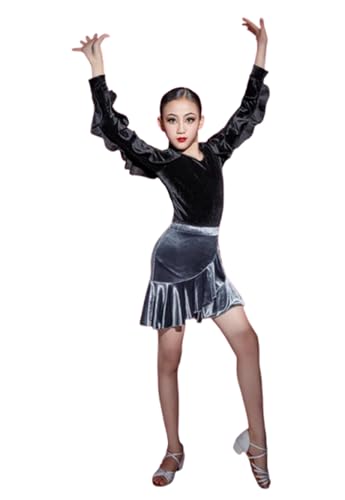 DgtZyrih Mädchen Latein Tanzkleid Winter Neue Tanzpraxis Rock Ballsaal Salsa Tango Performance Kostüm Samt Split Wettbewerb Tanzkleidung mit Trikot und Rock,F,150 von DgtZyrih