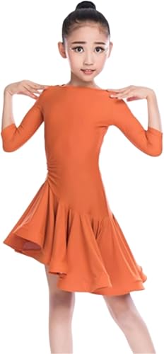 DgtZyrih Mädchen Lateinamerikanisches Tanzkleid Kinder Standardtanzbekleidung Mittelarm Salsa Rumba Cha Cha Samba Tango Tanz Performance Kostüm Große Schaukelröcke Übung Outfit,Orange,140 von DgtZyrih