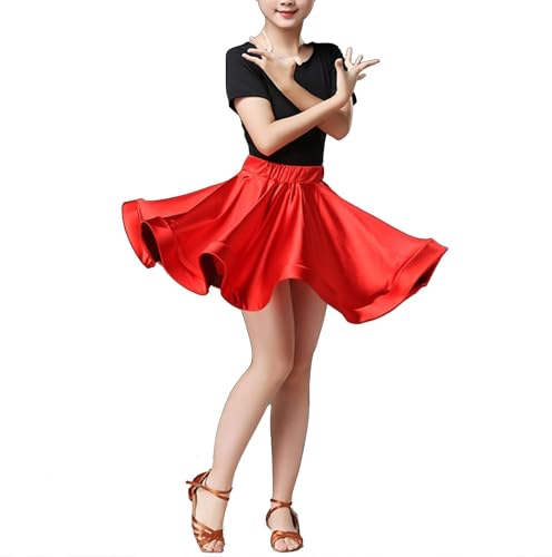 DgtZyrih Mädchen Latin Ballet Jazz Tanzkleid mit kurzen Ärmeln Oberteil, Kinder Rüschen Big Swing Tanzkleidung Übungsrock Ballsaal Salsa Tango Performance Kostüm,Rot,110 von DgtZyrih