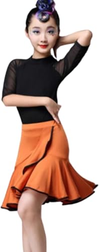 DgtZyrih Mädchen Latin Tanz Kleid, 2PCS Tanz Kostüme mit Trikot, Ballsaal Kostüm Salsa Tango Wettbewerb Tanzbekleidung, Festival Race Swing Rock Performance Übung Outfit,Orange,140 von DgtZyrih