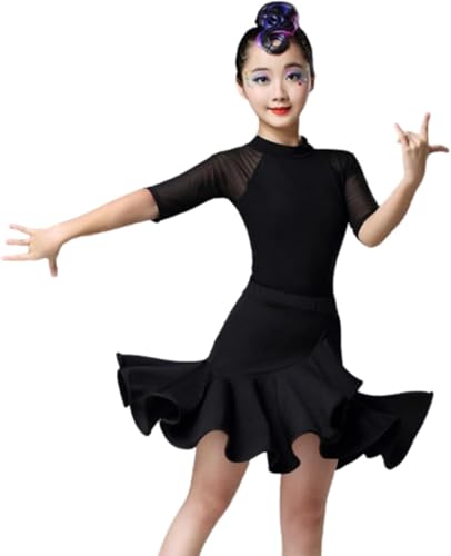 DgtZyrih Mädchen Latin Tanz Kleid, 2PCS Tanz Kostüme mit Trikot, Ballsaal Kostüm Salsa Tango Wettbewerb Tanzbekleidung, Festival Race Swing Rock Performance Übung Outfit,Schwarz,140 von DgtZyrih