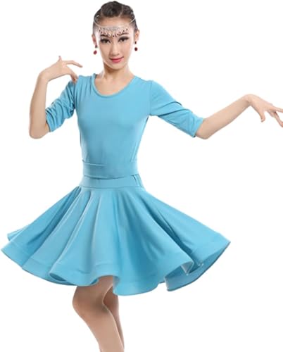 DgtZyrih Mädchen Latin Tanz Kleid, Kurzarm Split Tanz Übung Rock Ballsaal Salsa Tango Röcke Rüschen Big Swing Wettbewerb Tanzbekleidung Bühne Performance Kostüm,Blau,150 von DgtZyrih