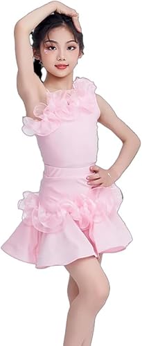 DgtZyrih Mädchen Latin Tanz Kleid, Professionelle Tango Cha Cha Salsa Ballsaal Röcke Spitze Plissee Performance Wettbewerb Kostüm, Festival Rennen Tanzkleidung Übungskleidung,Rosa,150 von DgtZyrih