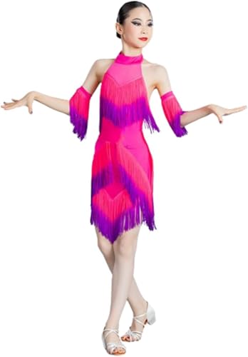 DgtZyrih Mädchen Latin Tanz Kleid, Quaste Tanzkostüm Rückenfrei Professionelle Leistung Kostüm Wettbewerb Tanzbekleidung Cha Cha Rumba Samba Tanz Übung Rock,Rose,140 von DgtZyrih