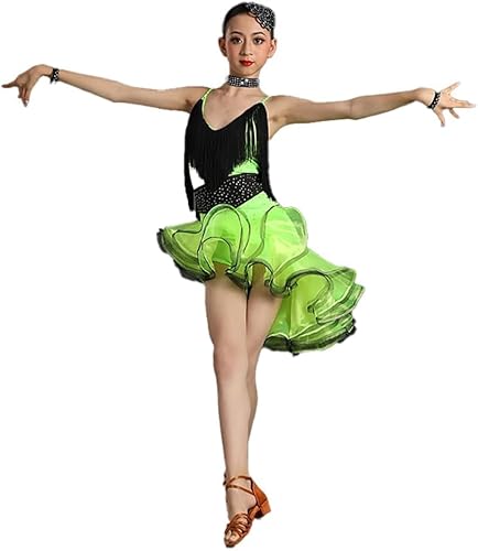 DgtZyrih Mädchen Latin Tanz Kleid Ärmellos Ballett Jazz Tanz Rock Professionelle Bühne Performance Kostüm Ballsaal Wettbewerb Tanzbekleidung Spitze Saum Kleider Praxis Rock,Grün,110 von DgtZyrih