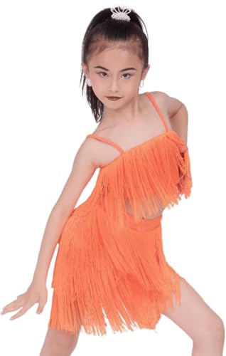 DgtZyrih Mädchen Latin Tanz Kleid Crop Top Quaste Tanz Performance Kostüm Ballsaal Salsa Tango Röcke Wettbewerb Tanzbekleidung Split Kinder Tanz Übung Kleidung,Orange,120 von DgtZyrih