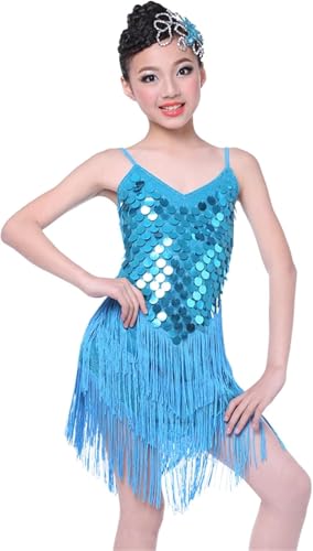 DgtZyrih Mädchen Latin Tanz Kleid Glänzende Pailletten Quasten Tanz Kostüm Ballsaal Salsa Tango Röcke Tanz Übung Kleidung, Cha Cha Salsa Wettbewerb Tanzkleidung,Blau,130 von DgtZyrih