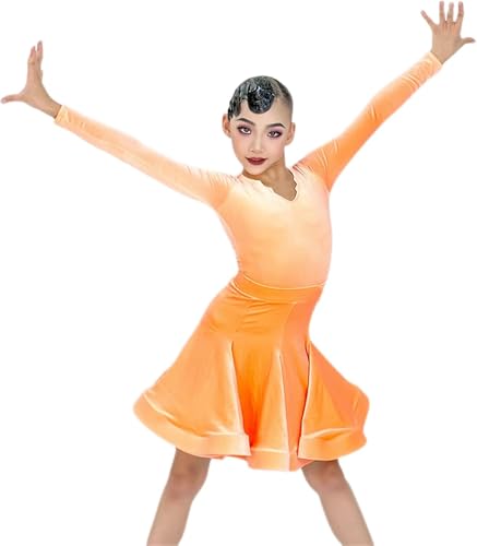 DgtZyrih Mädchen Latin Tanz Kleid Langarm Tanz Performance Kostüm Split Moderne Tanzbekleidung Ballsaal Salsa Tango Röcke Übung Outfit mit Trikot und Rock,Orange,160 von DgtZyrih