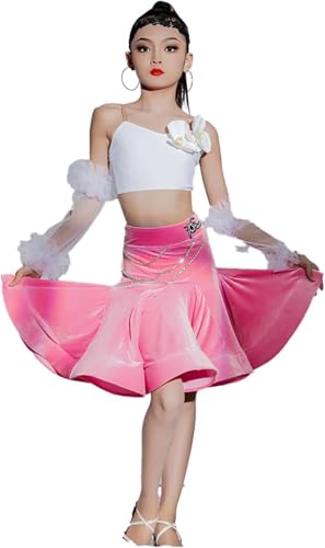 DgtZyrih Mädchen Latin Tanz Kleid Rock Hosenträger Wettbewerb Tanzbekleidung mit Arm Ornamenten, Professionelle Bühne Performance Wettbewerb Kostüm für Tango Cha Cha Salsa,Rosa,130 von DgtZyrih