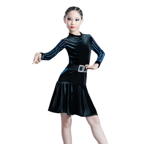 DgtZyrih Mädchen Latin Tanz Rock Samt Kleider Ballsaal Tango Rumba Tanzkleid Kinder Big Swing Übung Wettbewerb Tanzbekleidung Bühne Performance Kostüm,Blau,130 von DgtZyrih