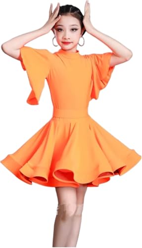 DgtZyrih Mädchen Latin Tanzkleid, Bühnen Performance Kostüm mit Glockenärmeln, Plisseerock, Rundhals professionelle Tanzbekleidung für Ballroom Salsa Tango Training Rock,Orange,130 von DgtZyrih