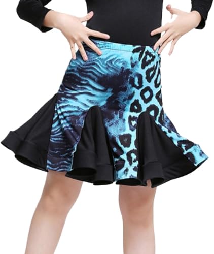 DgtZyrih Mädchen Latin Tanzkleid, Kinder Tanz Übung Rock Hohe Taille Rüschen Performance Kostüm für Ballsaal Salsa Tango Röcke Wettbewerb Tanzbekleidung,Blau,140 von DgtZyrih