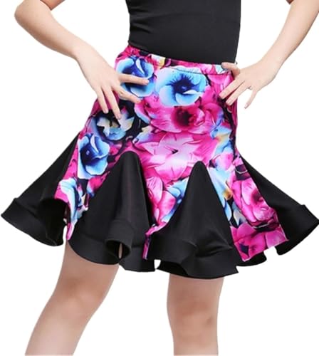 DgtZyrih Mädchen Latin Tanzkleid, Kinder Tanz Übung Rock Hohe Taille Rüschen Performance Kostüm für Ballsaal Salsa Tango Röcke Wettbewerb Tanzbekleidung,Rosa,160 von DgtZyrih