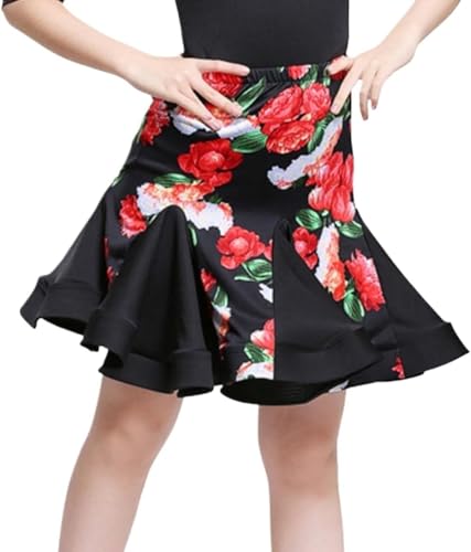 DgtZyrih Mädchen Latin Tanzkleid, Kinder Tanz Übung Rock Hohe Taille Rüschen Performance Kostüm für Ballsaal Salsa Tango Röcke Wettbewerb Tanzbekleidung,Rot,140 von DgtZyrih