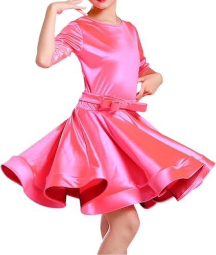 DgtZyrih Mädchen Latin Tanzkleid, Kinder glänzendes Material Tanzbekleidung, Lotus Blatt Form Big Swing Rock, Performance Übung Outfit für Ballroom Tango Chacha Salsa Samba,Rosa,140 von DgtZyrih