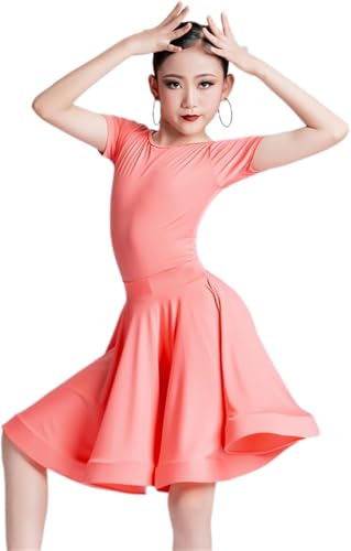 DgtZyrih Mädchen Latin Tanzkleid, Kurze Ärmel Slim Fit Tanzrock Ballsaal Tango Salsa Performance Kostüm Kinder Tanzkleidung Samba Rumba Cha Cha Tanzbekleidung,Orange,150 von DgtZyrih