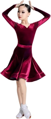 DgtZyrih Mädchen Latin Tanzkleid, Langarm Elastische Taille Wettbewerb Tanzbekleidung Moderne Ballsaal Salsa Tango Röcke Übungskleidung Professionelle Performance Kostüme,Wine red,120 von DgtZyrih