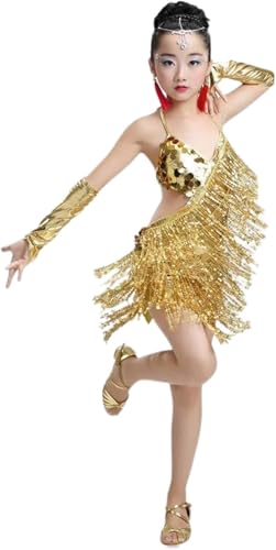 DgtZyrih Mädchen Latin Tanzkleid, Pailletten Quasten ärmellose Träger Rock mit Handschuhen, Ballsaal Samba Tango Tanzpraxis Kostüm, Standard Wettbewerb Tanzbekleidung,Gold,120 von DgtZyrih