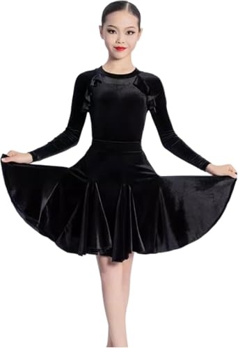 DgtZyrih Mädchen Latin Tanzkleid, Samt Plissee Rock mit Rundhalsausschnitt Trikot, Bühnen Performance Kostüm, professionelle Tanzbekleidung für Ballroom Salsa Tango, Übungsrock,Schwarz,160 von DgtZyrih