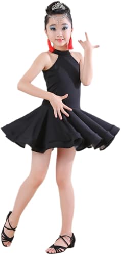 DgtZyrih Mädchen Latin Tanzkleid, ärmellos rückenfrei Kinder Jazz Modern Tanz Rock Rüschen Tanz Kostüme Ballsaal Salsa Tango Wettbewerb Tanzbekleidung Übungskleider,Schwarz,150 von DgtZyrih