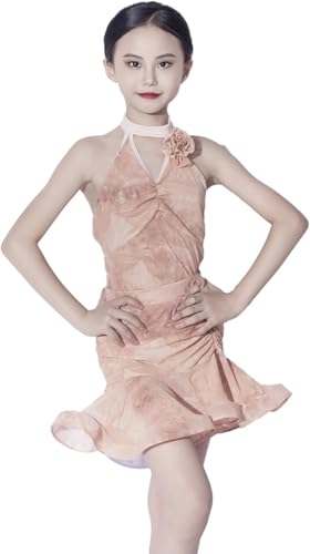 DgtZyrih Mädchen Latin Tanzkleid Moderner Tanzrock Rückenfreie Tanzbekleidung Professionelle Ballsaal Salsa Cha Cha Tango Röcke Bühne Performance Kostüm Übungskleidung,Rosa,160 von DgtZyrih