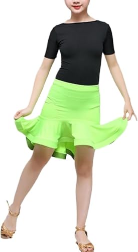 DgtZyrih Mädchen Latin Tanzkleid Slim Fit Rüschen Rock Kurzarm Tanzbekleidung Übungskleidung Kinder Rock mit hoher Taille Ballsaal Tango Rumba Chacha Tanzkostüm,Grün,160 von DgtZyrih