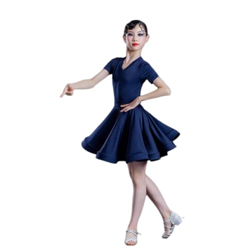 DgtZyrih Mädchen Professionelle Latin Tanz Kleid Kinder Ballroom Salsa Tanz Rock Übung Kleidung Kurzarm Wettbewerbe Tanzbekleidung Bühne Performance Kostüm,Blau,130 von DgtZyrih