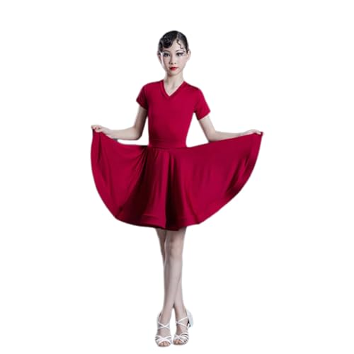 DgtZyrih Mädchen Professionelle Latin Tanz Kleid Kinder Ballroom Salsa Tanz Rock Übung Kleidung Kurzarm Wettbewerbe Tanzbekleidung Bühne Performance Kostüm,Rot,150 von DgtZyrih