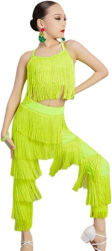 DgtZyrih Mädchen Quaste Latin Tanz Kleid 2PCS Tanzbekleidung mit Tops Hose, Salsa Samba Ballsaal Performance Kostüme Kinder Hosenträger Übung Outfit Tango Tanz Kostüm,Gelb,170 von DgtZyrih