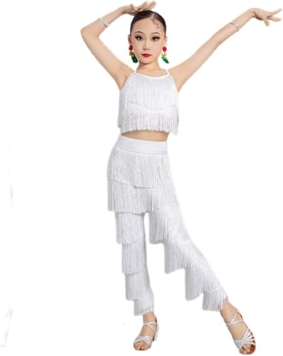 DgtZyrih Mädchen Quaste Latin Tanz Kleid 2PCS Tanzbekleidung mit Tops Hose, Salsa Samba Ballsaal Performance Kostüme Kinder Hosenträger Übung Outfit Tango Tanz Kostüm,Weiß,170 von DgtZyrih